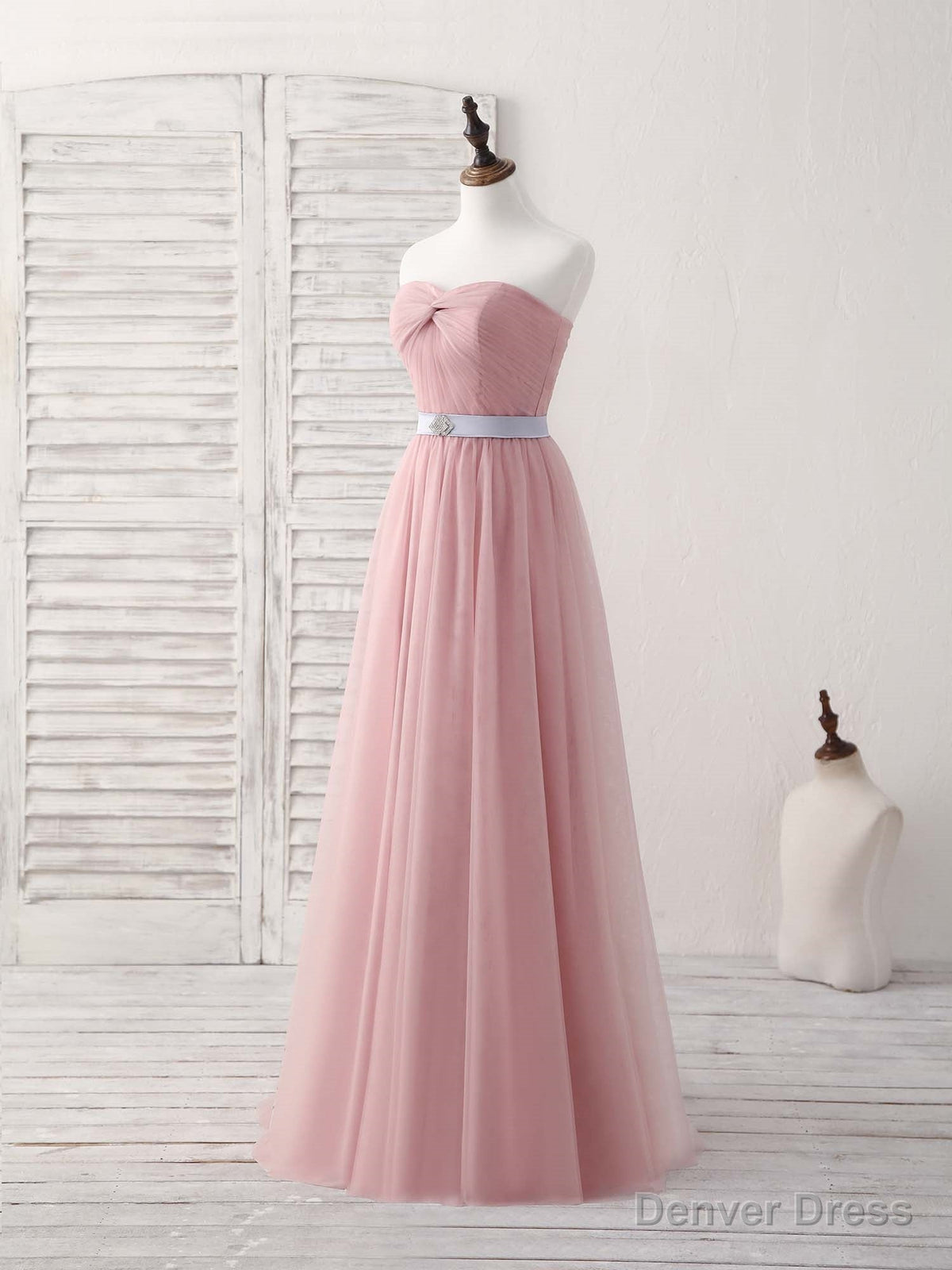 Pink Sweetheart Neck Tulle Long Prom Dress, Aline Pink Bridesmaid Dresses