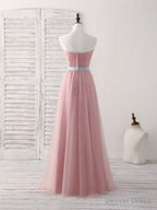 Pink Sweetheart Neck Tulle Long Prom Dress, Aline Pink Bridesmaid Dresses