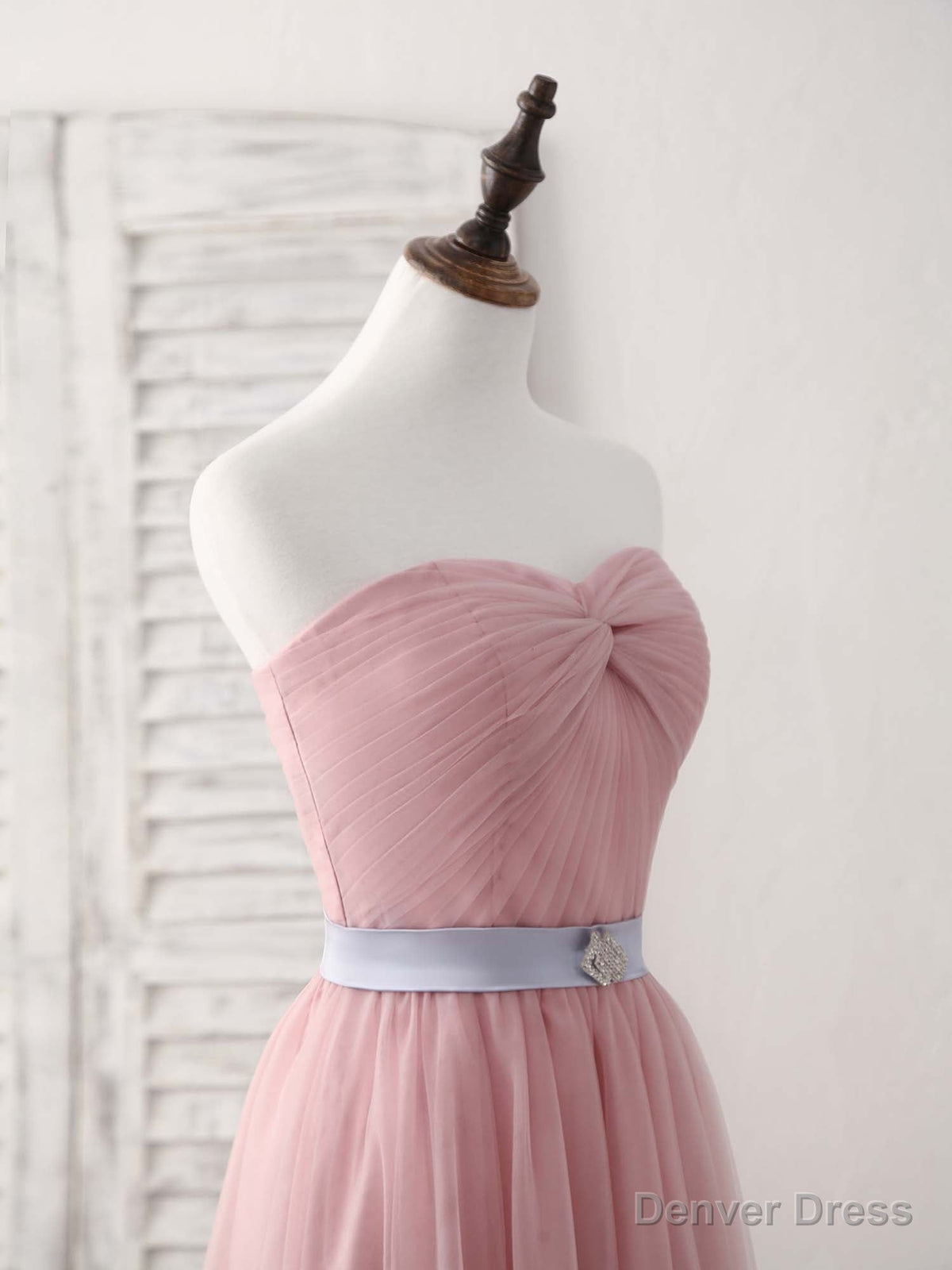 Pink Sweetheart Neck Tulle Long Prom Dress, Aline Pink Bridesmaid Dresses