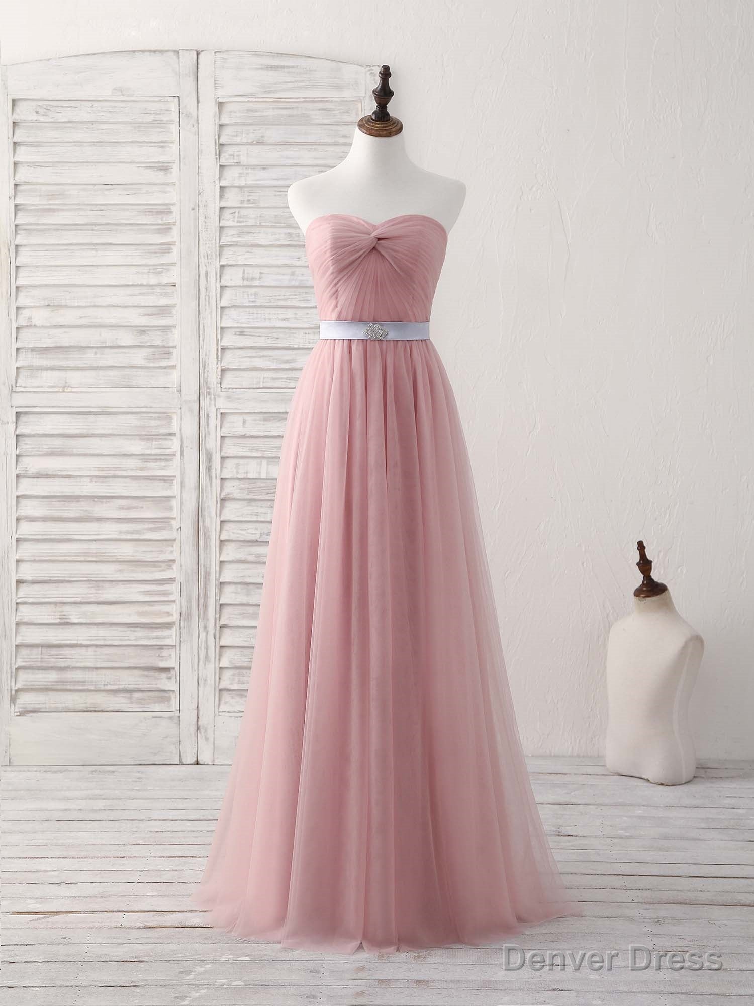 Pink Sweetheart Neck Tulle Long Prom Dress, Aline Pink Bridesmaid Dresses Main image