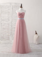 Pink Sweetheart Neck Tulle Long Prom Dress, Aline Pink Bridesmaid Dresses
