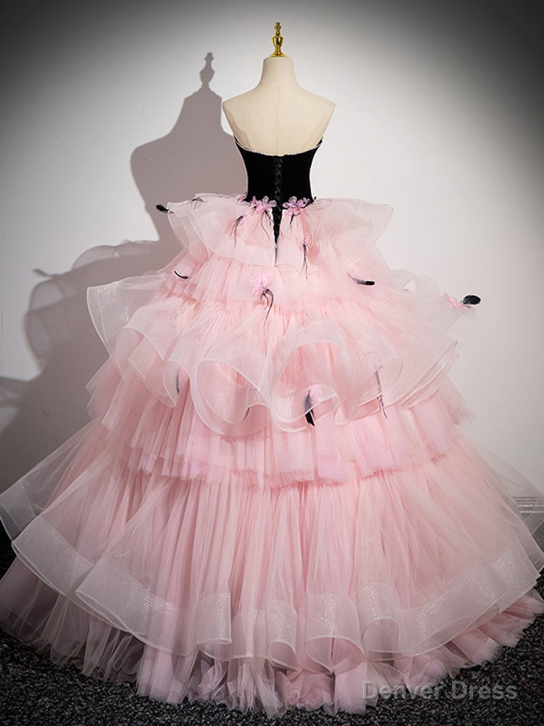 Pink Sweetheart Neck Tulle Long Prom Dresses, Pink Long Prom Gowns