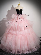 Pink Sweetheart Neck Tulle Long Prom Dresses, Pink Long Prom Gowns