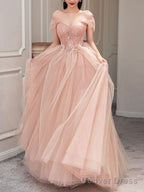 Pink Sweetheart Neck Tulle Long Prom Dress, Pink Tulle Formal Dress