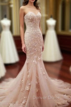 Pink Sweetheart Neck Tulle Mermaid Long Prom Dresses, Wedding Dresses
