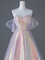 Pink Sweetheart Neck Tulle Sequin Long Prom Dress, Pink Long Graduation Dresses