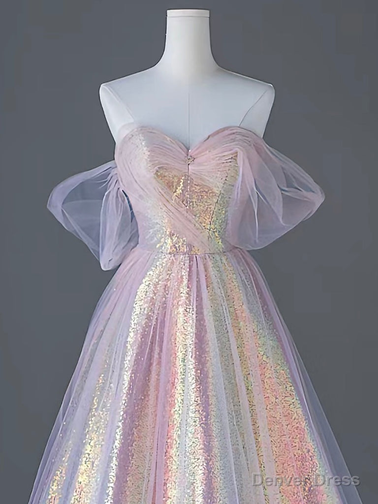 Pink Sweetheart Neck Tulle Sequin Long Prom Dress, Pink Long Graduation Dresses