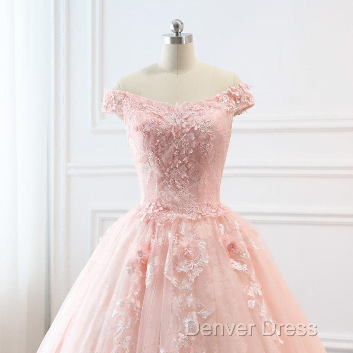 Pink Sweetheart Off Shoulder With Lace Long Sweet 16 Dresses, Pink Formal Dresses