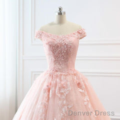 Pink Sweetheart Off Shoulder With Lace Long Sweet 16 Dress, Pink Formal Dress