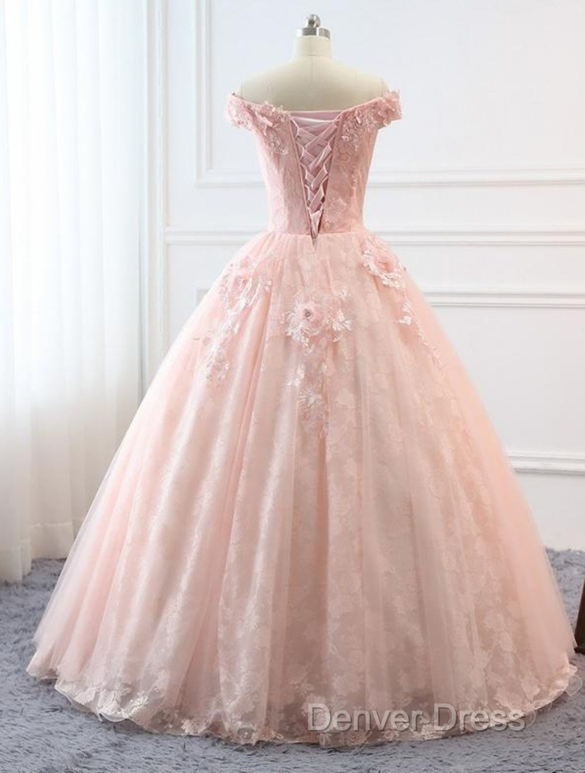 Pink Sweetheart Off Shoulder With Lace Long Sweet 16 Dresses, Pink Formal Dresses