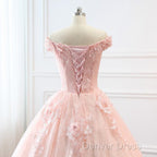 Pink Sweetheart Off Shoulder With Lace Long Sweet 16 Dress, Pink Prom Dresses