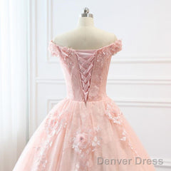 Pink Sweetheart Off Shoulder With Lace Long Sweet 16 Dress, Pink Formal Dress