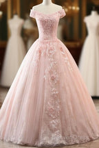 Pink Sweetheart Off Shoulder With Lace Long Sweet 16 Dress, Pink Prom Dresses