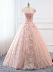 Pink Sweetheart Off Shoulder With Lace Long Sweet 16 Dress, Pink Formal Dress