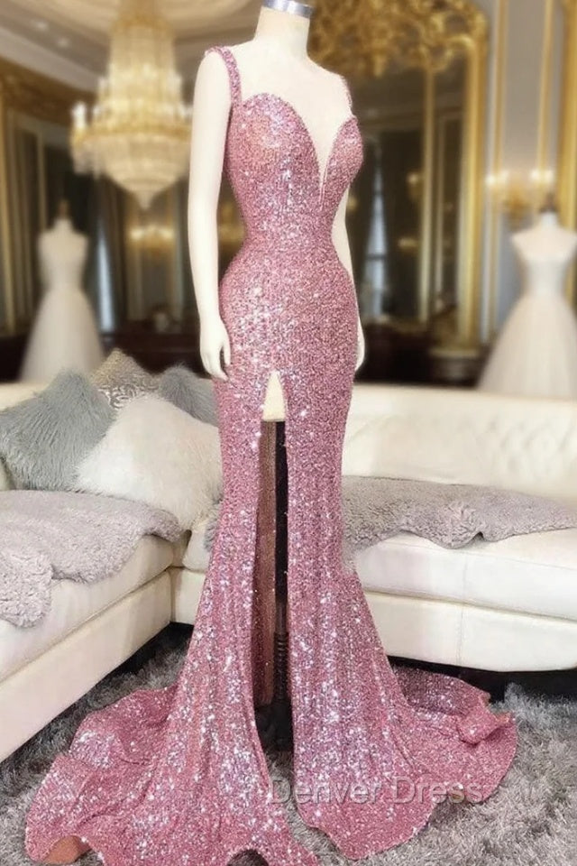 Pink Sweetheart Sequin Mermaid Long Prom Dresses Pink Evening Dresses Main image