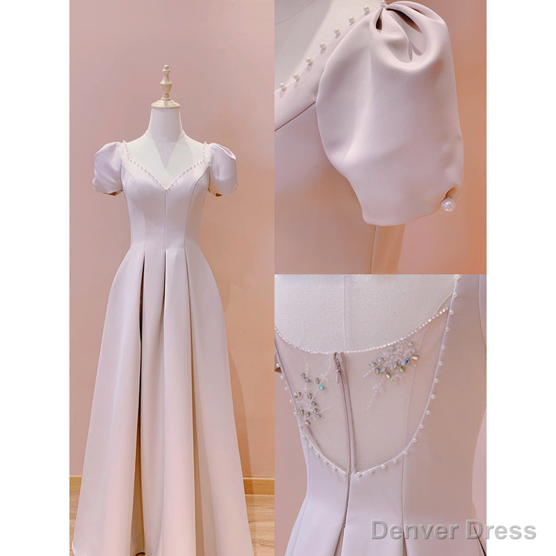 Pink Sweetheart Short Sleeves Floor Length Prom Dress, Pink Wedding Prom Dresses Secondary image