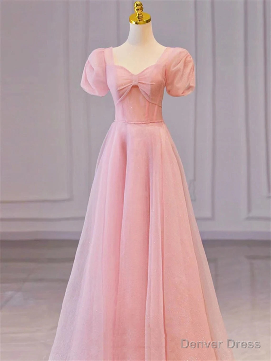 Pink Sweetheart Short Sleeves Long A-line Prom Dress, Pink Evening Gowns Secondary image