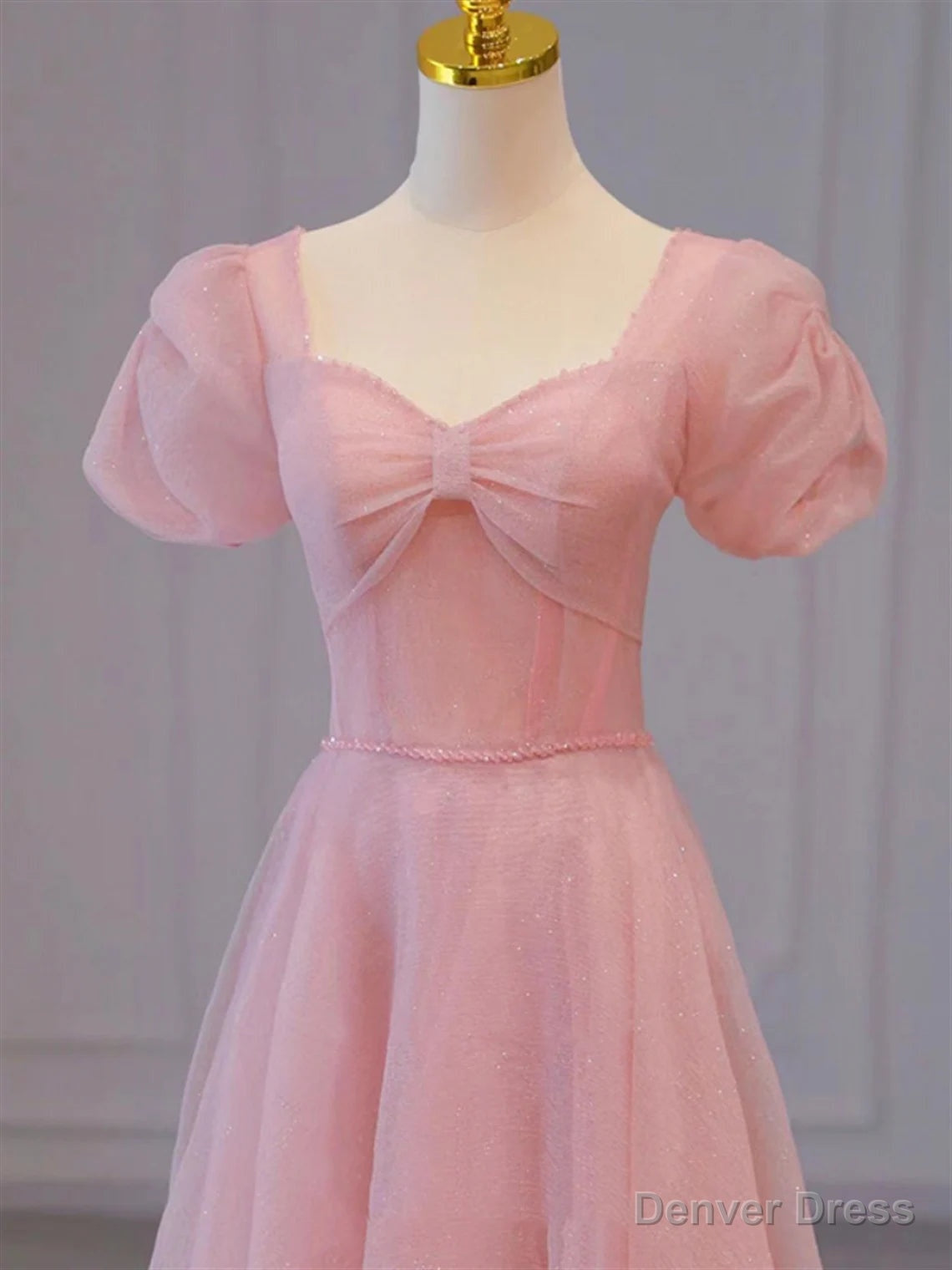 Pink Sweetheart Short Sleeves Long A-line Prom Dress, Pink Evening Gowns