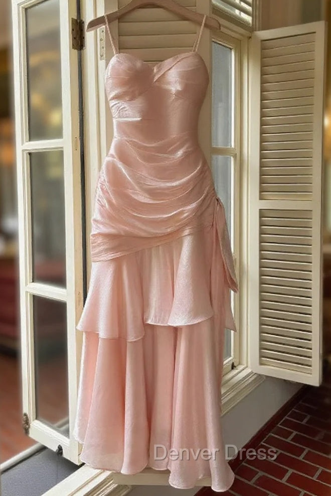 Pink Sweetheart Straps Mermaid Evening Dresses, Pink Satin Long Prom Dresses Main image