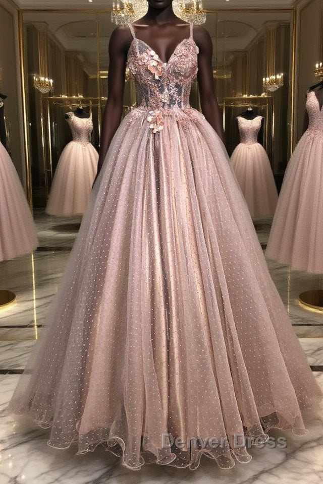 Pink sweetheart tulle lace long prom Dress pink tulle Prom Dresses Main image