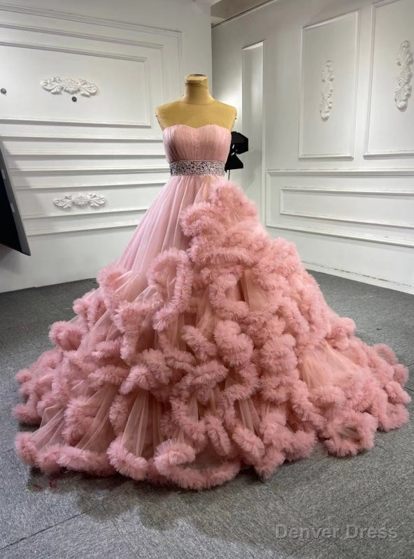 Pink Sweetheart Tulle Ruffles Sweet 16 Prom Dresses