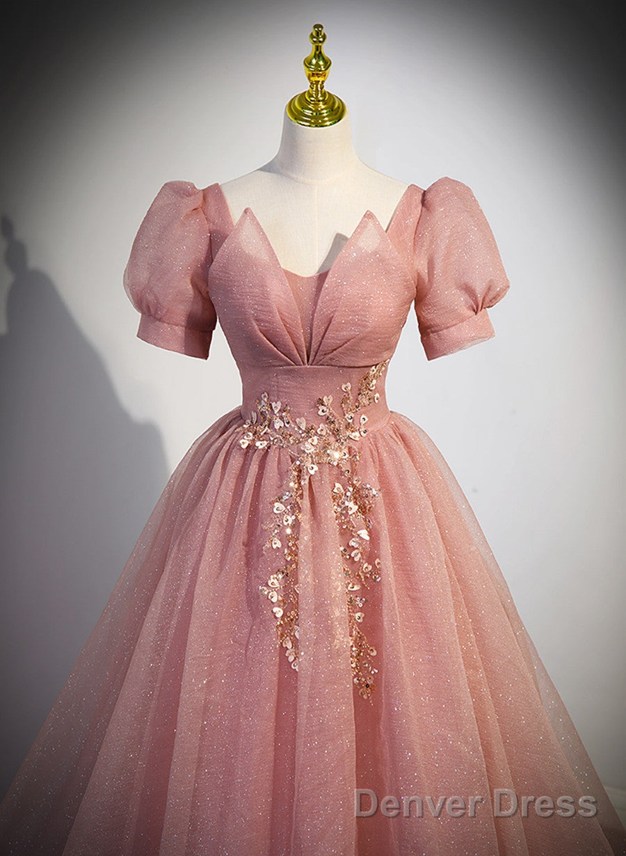 Pink Sweetheart Tulle Short Sleeves Prom Dress, Pink Floor Length Prom Dresses
