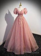 Pink Sweetheart Tulle Short Sleeves Prom Dress, Pink Floor Length Prom Dresses