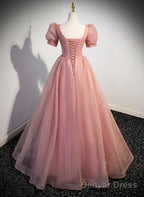 Pink Sweetheart Tulle Short Sleeves Prom Dress, Pink Floor Length Prom Dresses