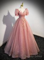 Pink Sweetheart Tulle Short Sleeves Prom Dress, Pink Floor Length Prom Dresses
