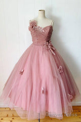 Pink Sweetheart Tulle Tea Length Prom Dress Bridesmaid Dress
