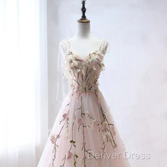 Pink Sweetheart Tulle With Lace Flowers Long Evening Dresses, Pink Tulle Prom Dresses