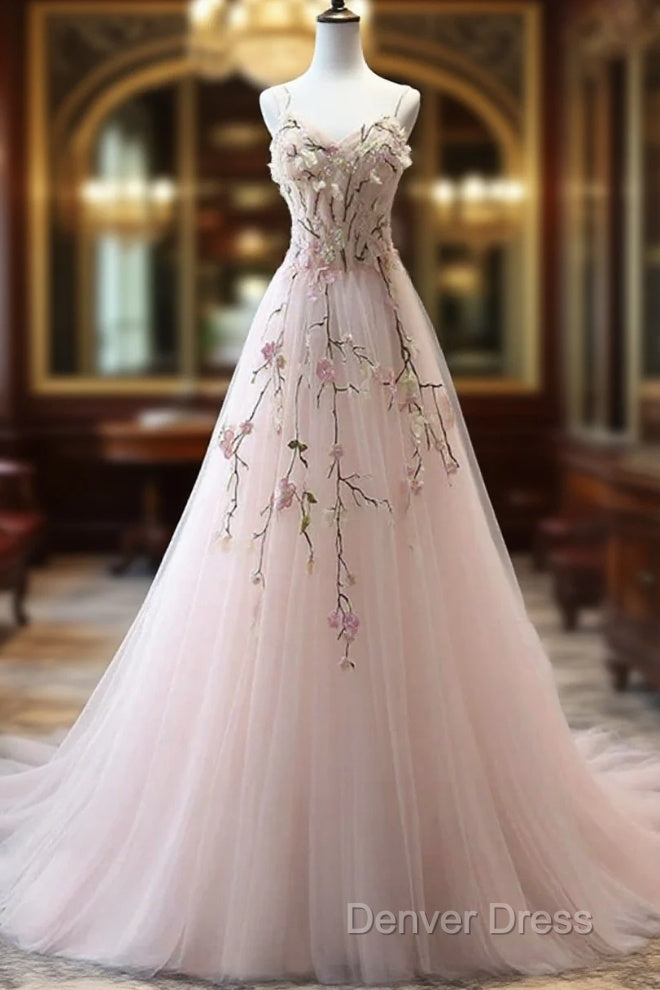 Pink Sweetheart Tulle With Lace Flowers Long Evening Dresses, Pink Tulle Prom Dresses Main image