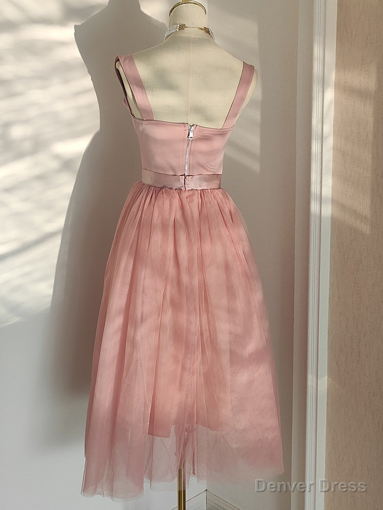 Pink Tea Length Sweetheart Tulle Party Dresses, Pink Wedding Party Dresses Main image