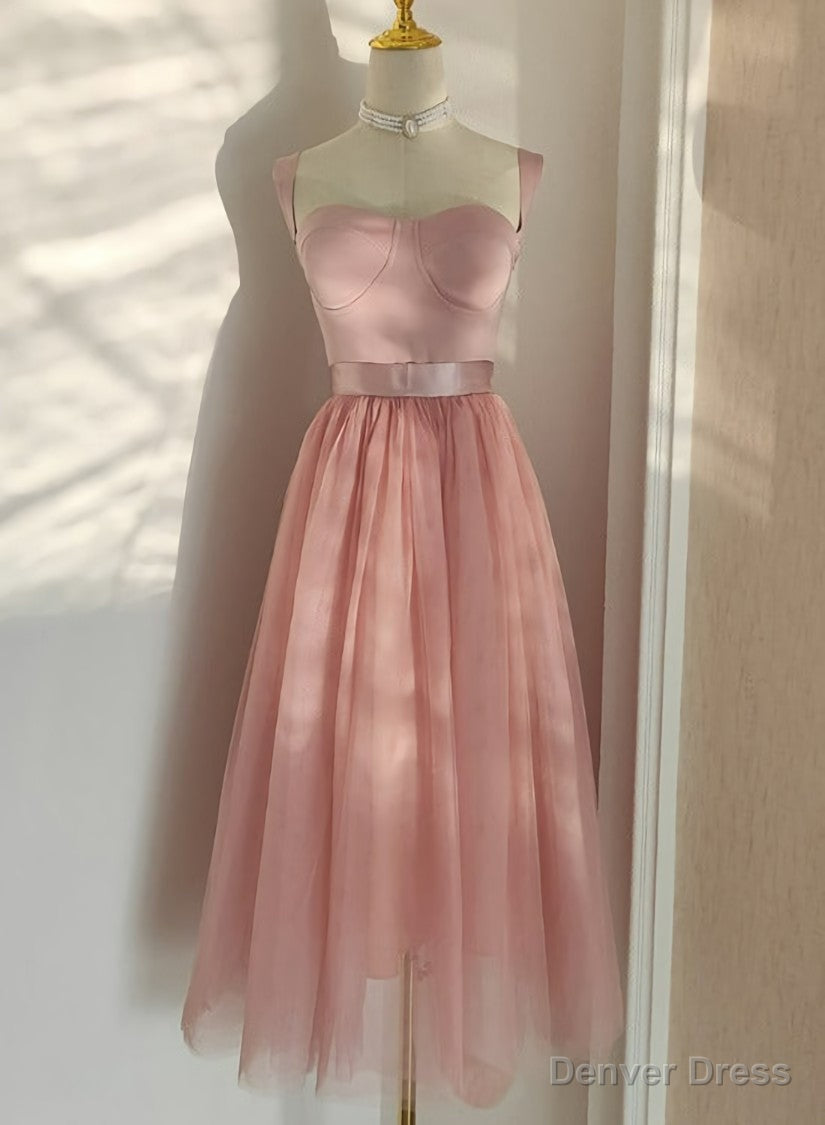 Pink Tea Length Sweetheart Tulle Prom Dress, Pink Wedding Prom Dresses