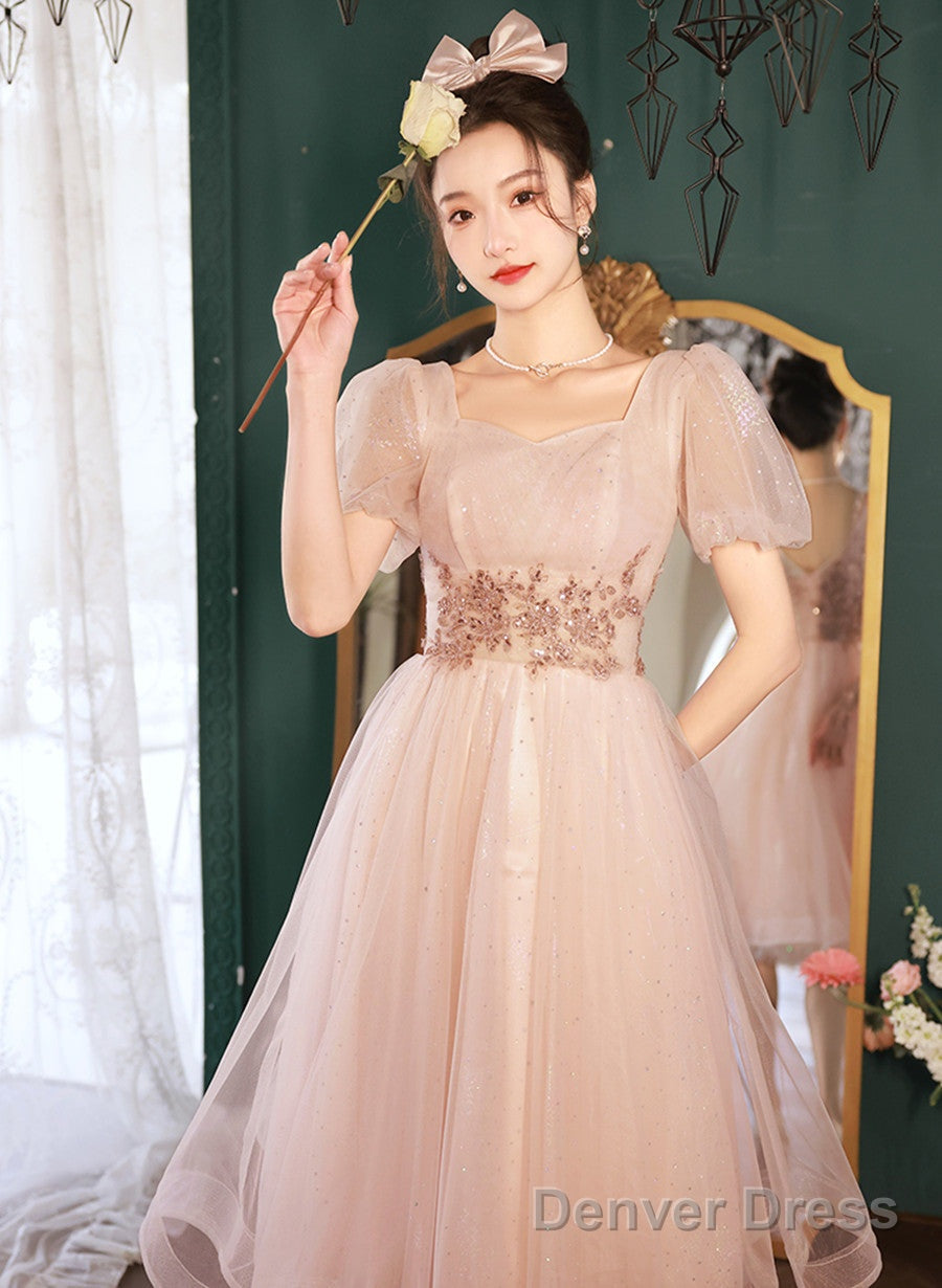 Pink Tea Length Tulle Short Sleeves Prom Dress, Pink Tulle Homecoming Dress Prom Dresses Secondary image