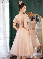 Pink Tea Length Tulle Short Sleeves Prom Dress, Pink Tulle Homecoming Dress Prom Dresses