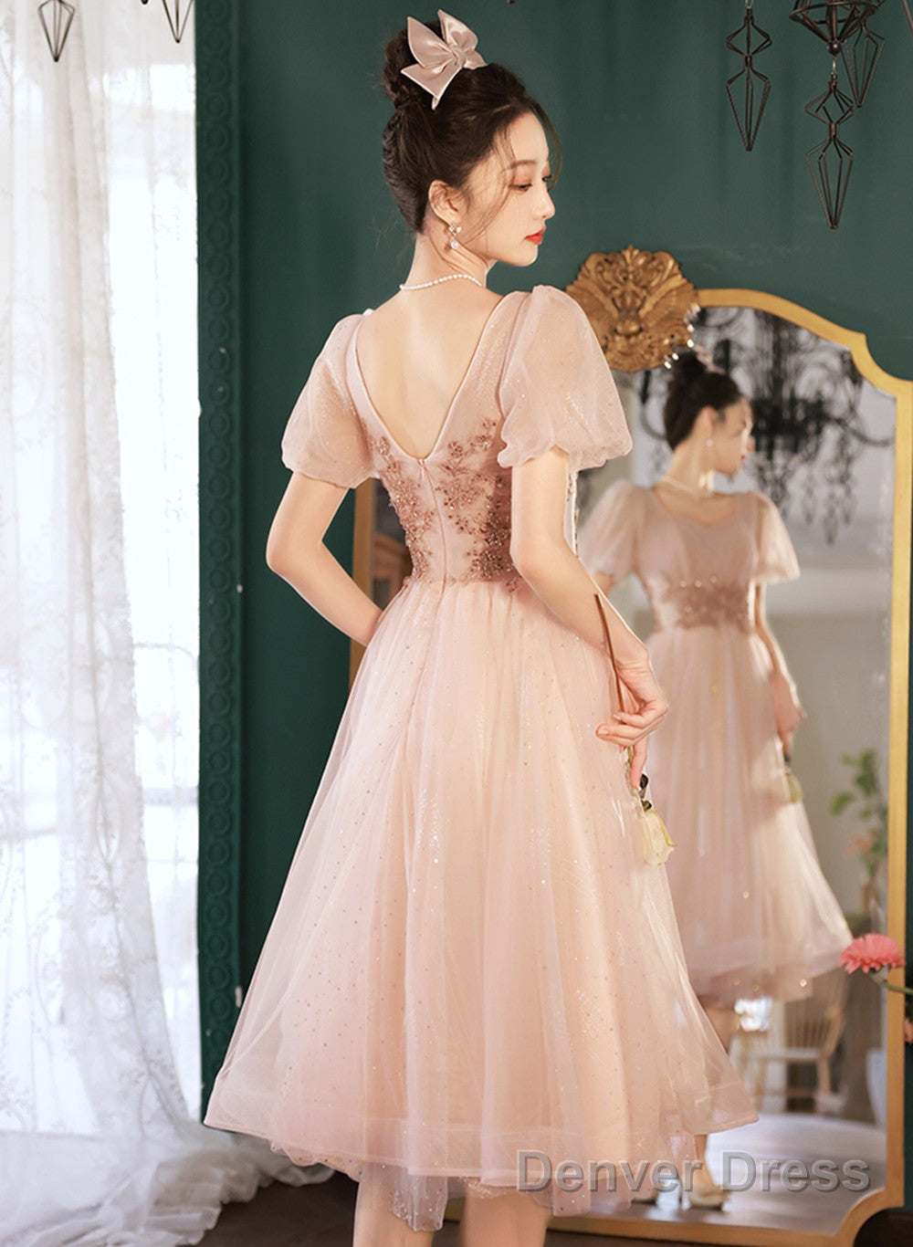 Pink Tea Length Tulle Short Sleeves Prom Dress, Pink Tulle Homecoming Dress Prom Dresses
