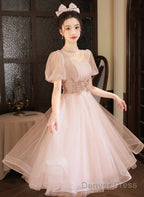 Pink Tea Length Tulle Short Sleeves Prom Dress, Pink Tulle Homecoming Dress Prom Dresses