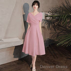 Pink Tea Length Wedding Party Dresses, Pink Bridesmaid Dresses
