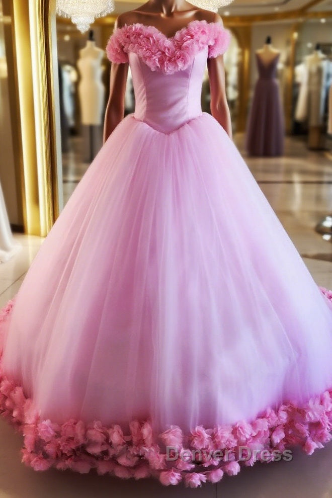 Pink tulle 3d flower tulle long prom Gowns, pink tulle Prom Dresses