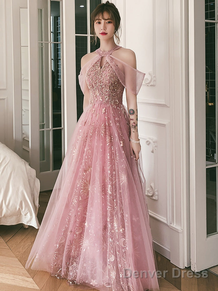 Pink Tulle A-Line Long Formal Dresses, Pink High Neckline Party Dresses Prom Dresses Secondary image