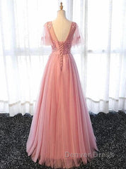 Pink Tulle A-Line Long Party Dresses Bridesmaid Dresses A Line Short Sleeves Floor Length Prom Dresses