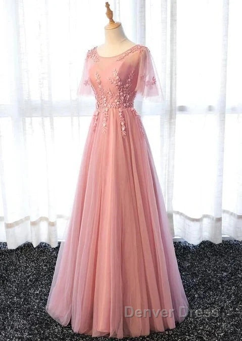 Pink Tulle A-Line Long Party Dresses Bridesmaid Dresses A Line Short Sleeves Floor Length Prom Dresses