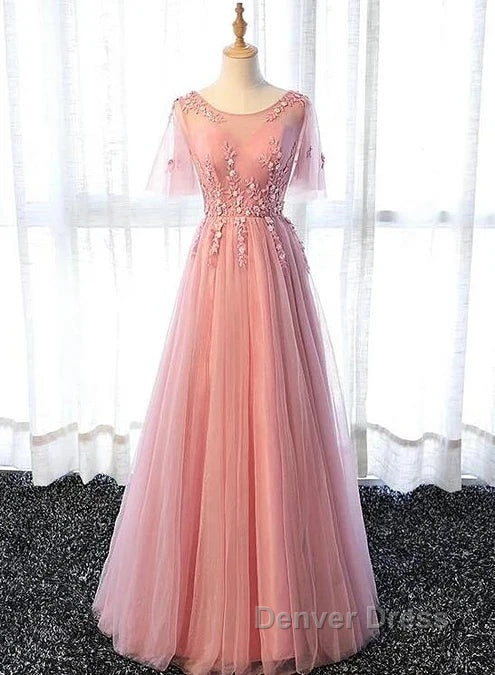 Pink Tulle A-Line Long Party Dresses Bridesmaid Dresses A Line Short Sleeves Floor Length Prom Dresses