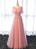 Pink Tulle A Line Long Prom Dress Bridesmaid Dress A Line Short Sleeves Floor Length Prom Dresses