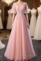 Pink Tulle A-Line Long Party Dresses Bridesmaid Dresses A Line Short Sleeves Floor Length Prom Dresses
