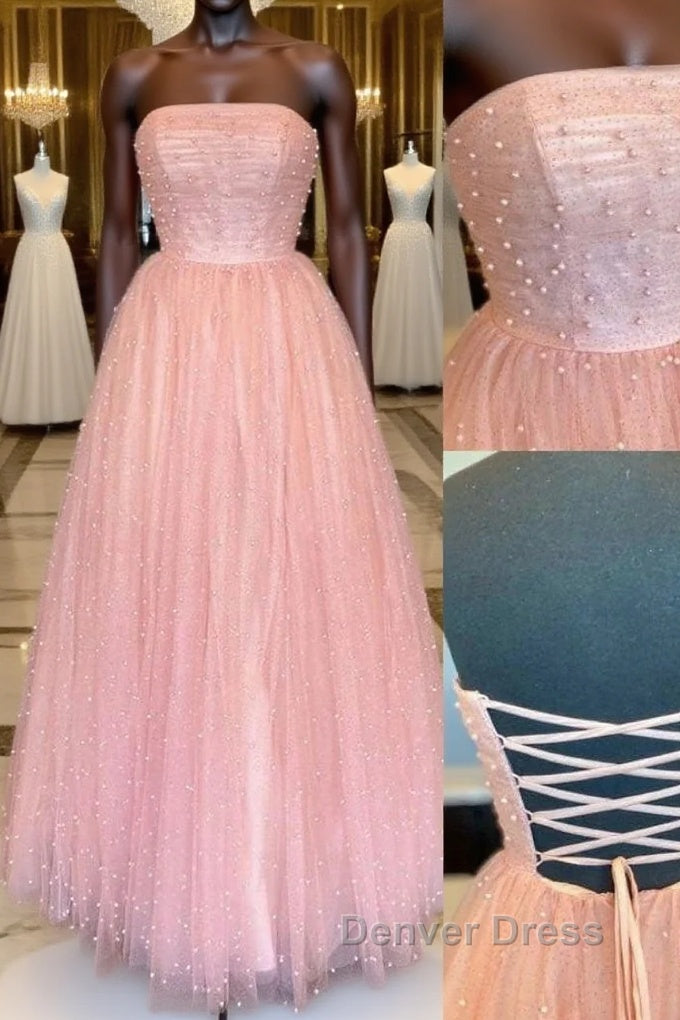 Pink tulle A Line long prom Dress tulle Prom Dresses Main image