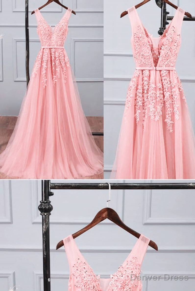 Pink Tulle A-line Simple Long Party Dress, A-line Prom Dresses Evening Dress Main image