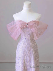 Pink Tulle And Sequins Off Shoulder Long Party Dress, Pink Beaded Chich Prom Dress