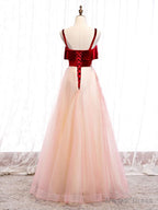 Pink Tulle and Velvet Long Lace Applique Straps Floor Length Prom Dress, A Line Long Pink Prom Dresses